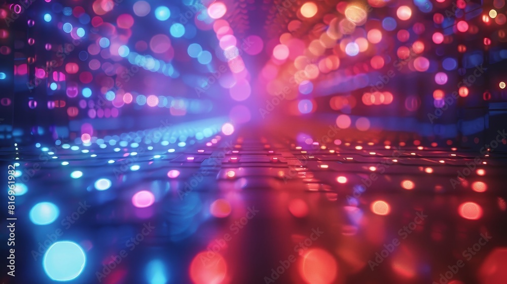 Red and blue lights blur together to create an abstract background.