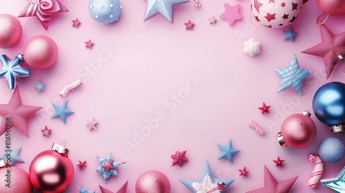 Festive pink and blue Christmas ornaments arranged around a blank pink background. The ornaments include stars, spheres, and candy shapes, perfect for holiday decorations.