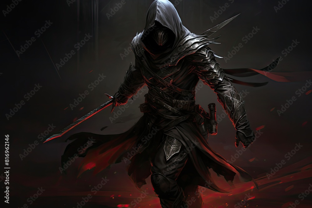 Naklejka premium A man in a hooded outfit standing holding a sword. Generative AI