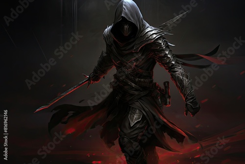 A man in a hooded outfit standing holding a sword. Generative AI