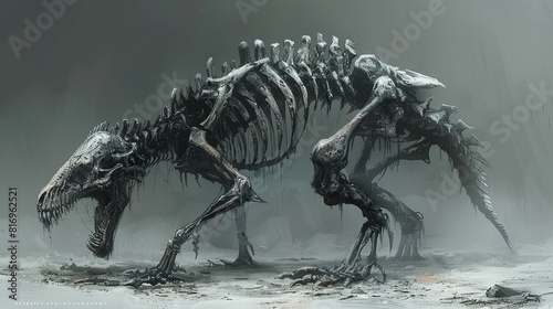 The image is a dark  skeletal creature with glowing red eyes. It is standing on all fours and has a long  spiked tail. The background is a grey  rocky landscape.