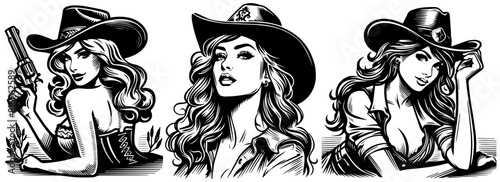 cowgirl pinup girl, black vector transparent background, pin-up woman nocolor silhouette sketch illustration, beauty lady comic character shape for laser cutting engraving print