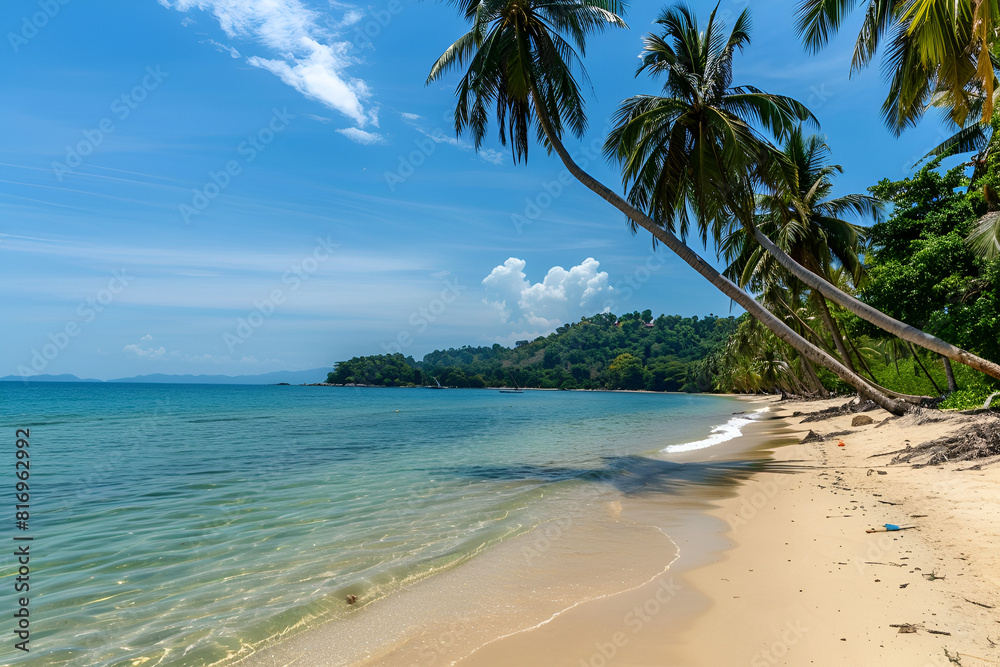 Sunny Beach in Thailand. Palm trees, sand, sea. Landscape view from the shore. Sunny Beach in Thailand. Palm trees, sand, sea. Landscape view from the shore.