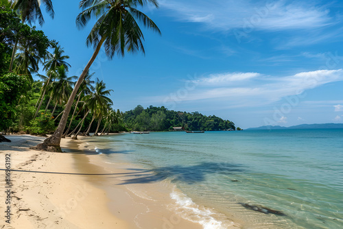 Sunny Beach in Thailand. Palm trees  sand  sea. Landscape view from the shore.