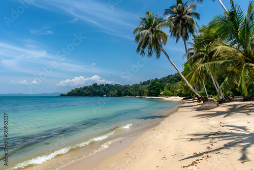 Sunny Beach in Thailand. Palm trees, sand, sea. Landscape view from the shore.
