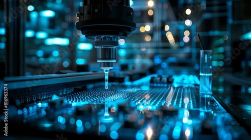 close-up of a circuit board being manufactured in a factory. The blue light gives the photo a futuristic feel. The photo is well-lit and in focus. photo