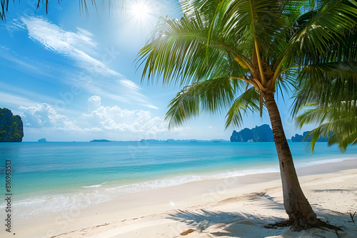 Sunny Beach in Thailand. Palm trees, sand, sea. Landscape view from the shore. © maxcol79