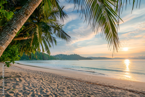 Landscape of a sandy beach in Thailand at sunset. Palm trees  sand  sea. View from the shore.