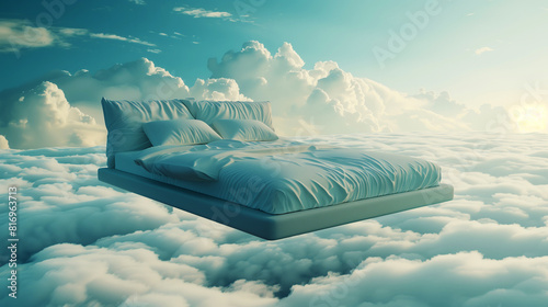 Surreal image of a bed floating among clouds with soft lighting, evoking a sense of dreaminess and comfort in a serene, sky-filled environment. photo