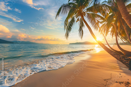 Landscape of a sandy beach in Thailand at sunset. Palm trees  sand  sea. View from the shore.