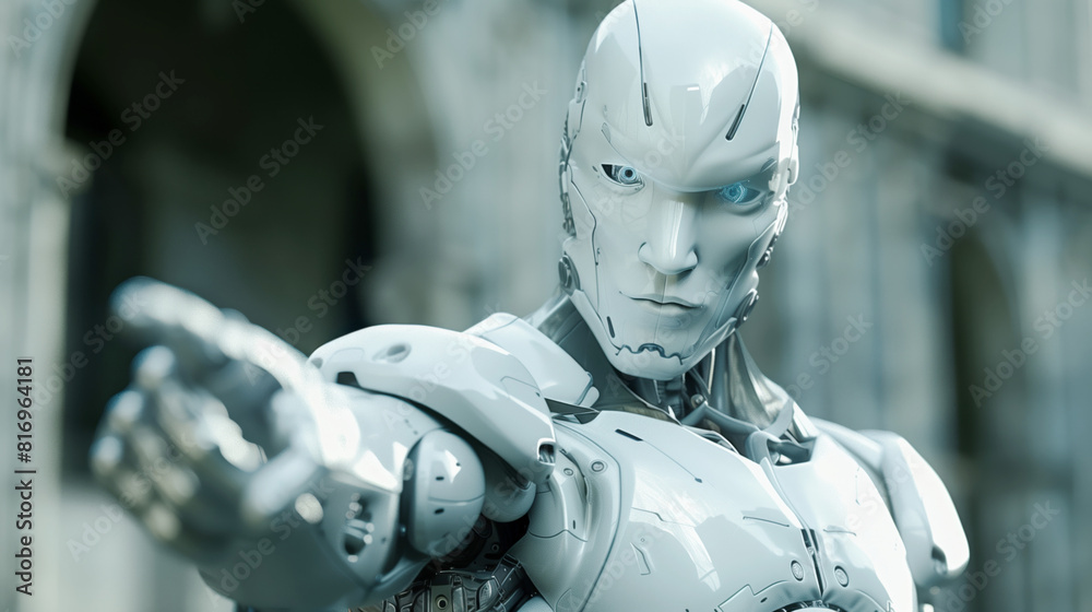 Close-up of a futuristic humanoid robot with a serious expression, pointing directly at the camera, set against a blurred, urban background. Close-up of a futuristic humanoid robot with a serious expression, pointing directly at the camera, set against a blurred, urban background.
