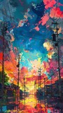 A vibrant background artwork of a clean energy countryside blending with impressionist expressionism art style, with bold brushstrokes and vivid colors.