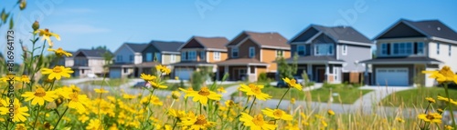 Yellow Flowers In Field Near Houses photo