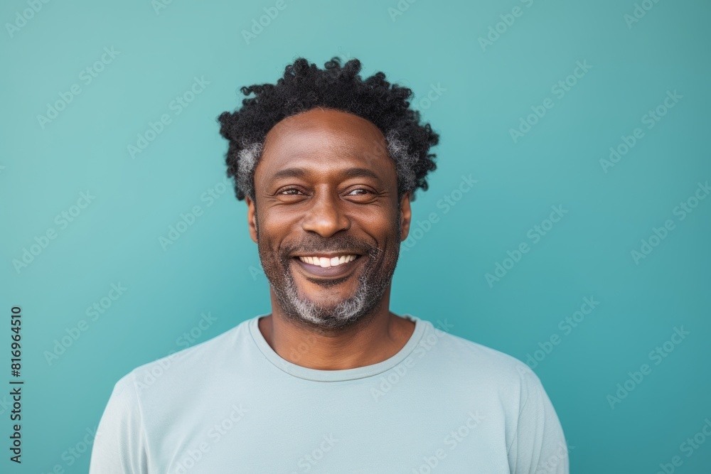 Portrait of a grinning afro-american man in his 40s smiling at the camera isolated on soft teal background Portrait of a grinning afro-american man in his 40s smiling at the camera isolated on soft teal background