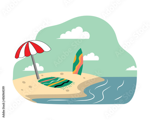 illustration of umbrella and surf board on the beach  summer design elements  summer beach background