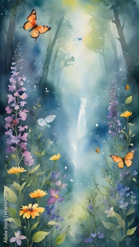 A wall decoration full of butterflies and flower trees on a watercolor background of light blue  light green etc. was created by artificial intelligence.