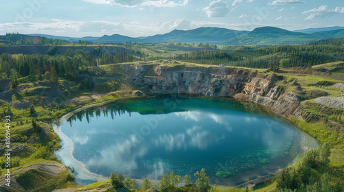 A large body of water sits in a large pit surrounded by trees