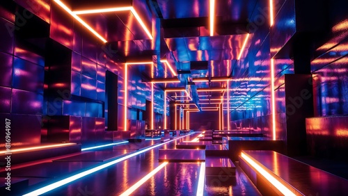 Futuristic Empty Corridor with Reflective Walls and Blue, Orange and Purple Neon Lights.