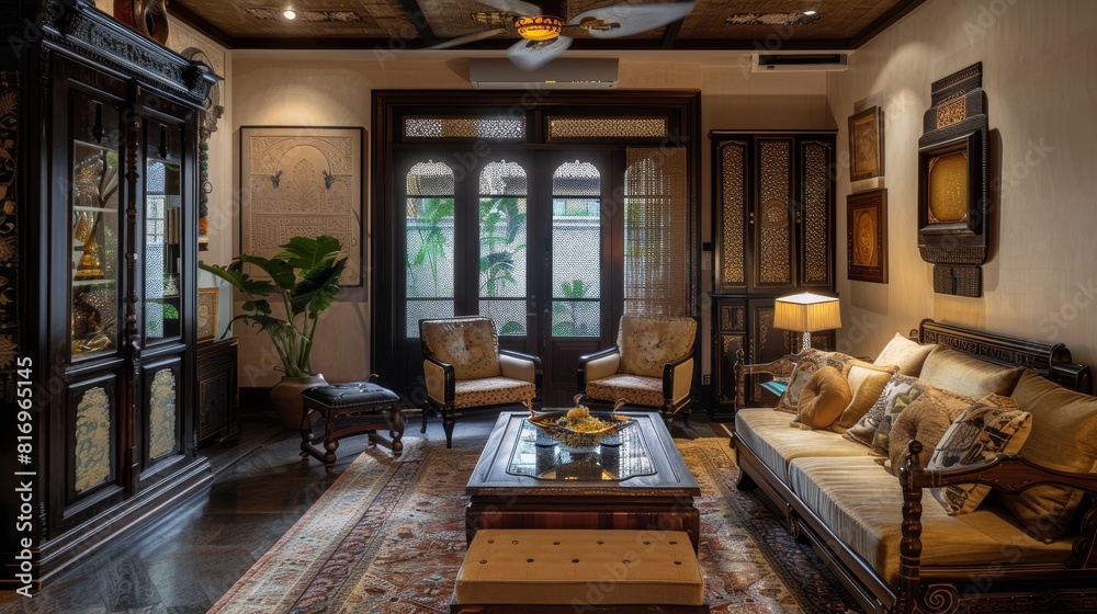 Rustic Living Room with Wooden Furniture and Warm Decor, Cozy Atmosphere and Inviting Lighting, Ideal for Traditional Home Design and Comfort Rustic Living Room with Wooden Furniture and Warm Decor, Cozy Atmosphere and Inviting Lighting, Ideal for Traditional Home Design and Comfort