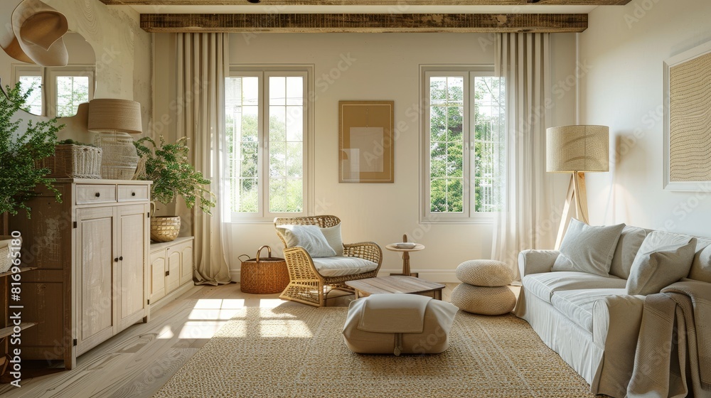 Fototapeta premium Minimalistic Living Room with Light Beige Decor and Elegant Furniture, Bright and Airy Interior, Ideal for Contemporary Home Design and Comfort