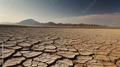 A desolate landscape of dry and cracked earth stretches toward distant mountains