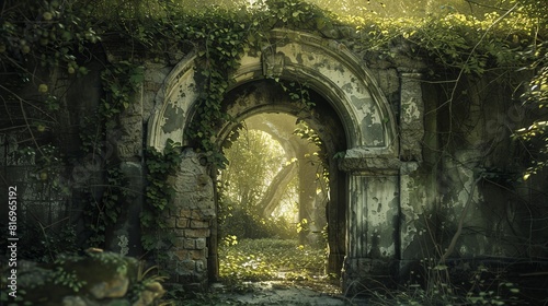 Sunlit archway in overgrown ruins