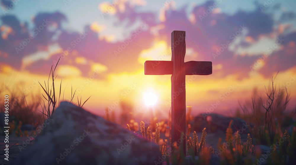 Wooden cross in focus against a serene sunset background with scattered clouds and wild grass in the foreground, creating a peaceful and reflective scene. Wooden cross in focus against a serene sunset background with scattered clouds and wild grass in the foreground, creating a peaceful and reflective scene.