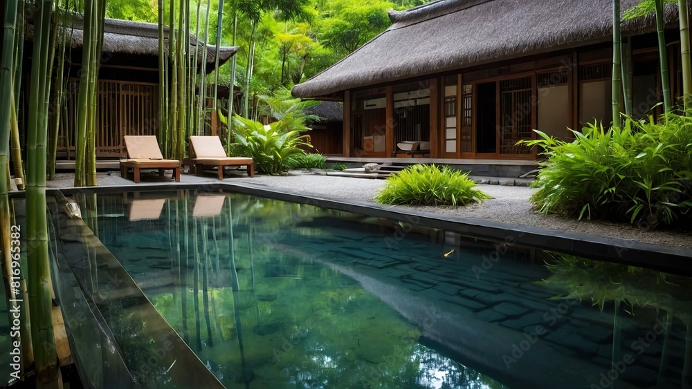 Fototapeta premium A secluded hot spring resort surrounded by lush bamboo.