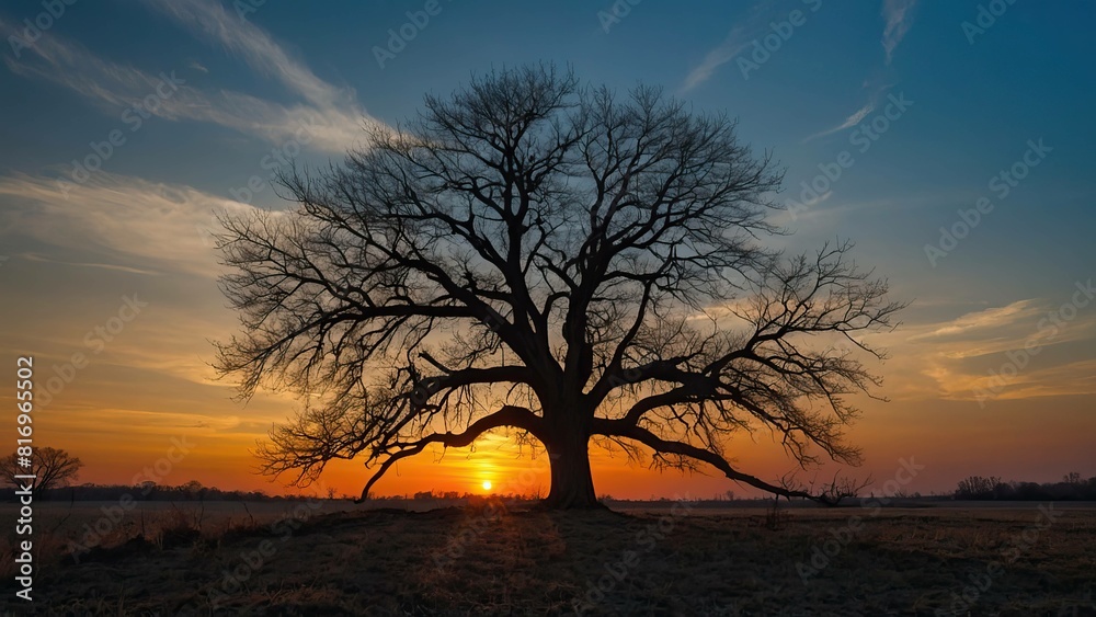 A stark leafless tree silhouette stands tall against a stunning sunset sky.