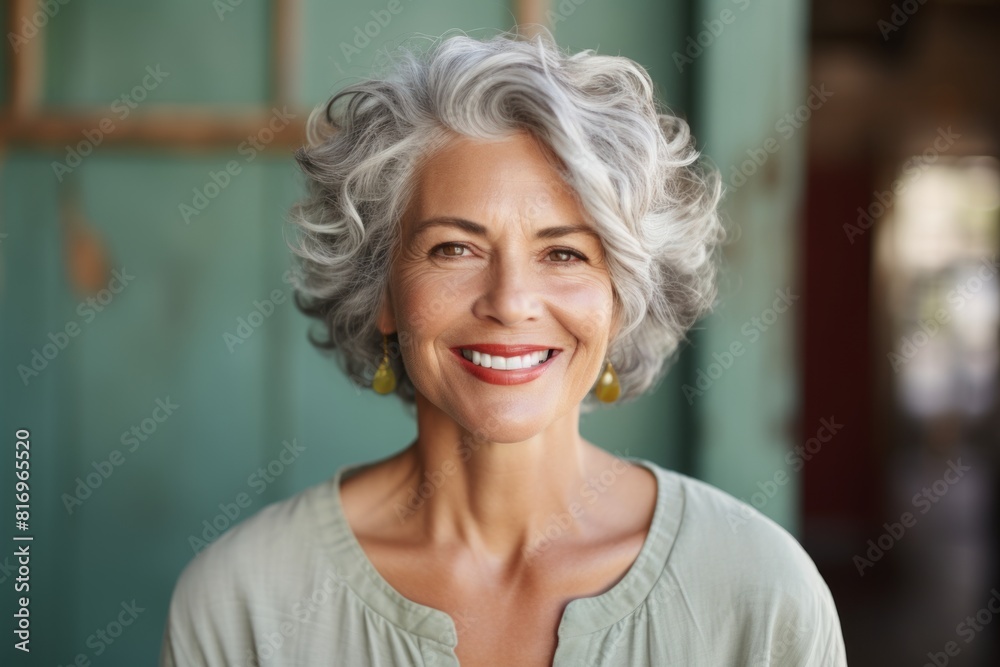 Portrait of a smiling woman in her 50s smiling at the camera while standing against soft teal background Portrait of a smiling woman in her 50s smiling at the camera while standing against soft teal background