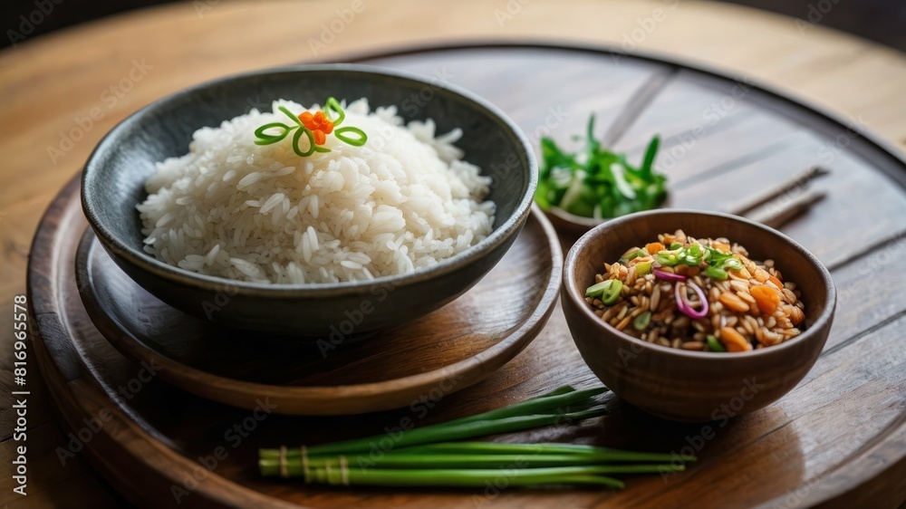 A steaming bowl of fragrant jasmine rice garnished with fresh greens A steaming bowl of fragrant jasmine rice garnished with fresh greens