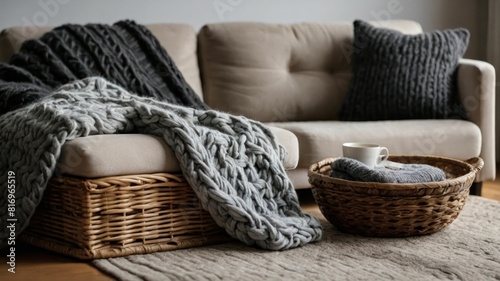 Cozy living room with a basket of knitted blankets on a couch