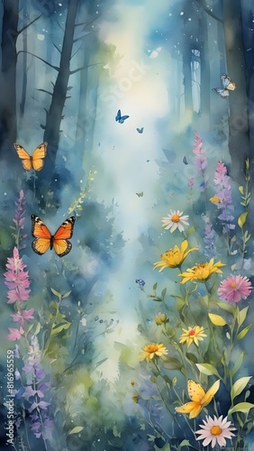 A wall decoration full of butterflies and flower trees on a watercolor background of light blue, light green etc. was created by artificial intelligence.