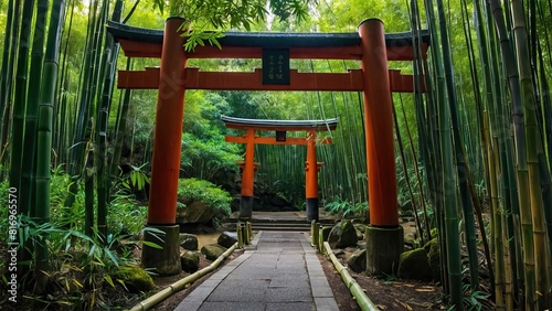 A torii gate framed by towering bamboo groves