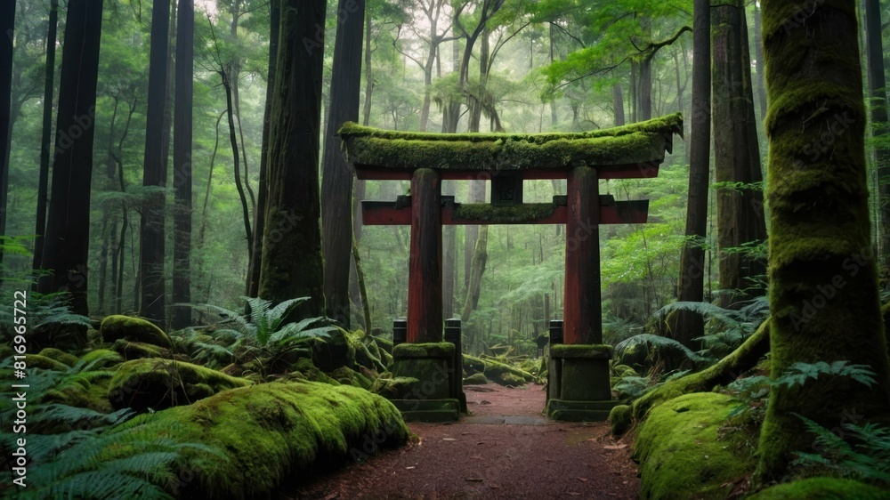 A moss covered torii gate hidden within a dense forest Tranquil and picturesque scene A moss covered torii gate hidden within a dense forest Tranquil and picturesque scene