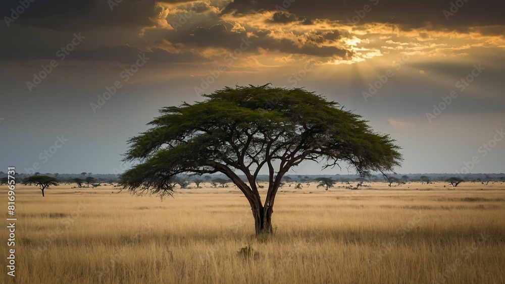 A solitary acacia tree under a dramatic sunset in the vast African savannah. A solitary acacia tree under a dramatic sunset in the vast African savannah.