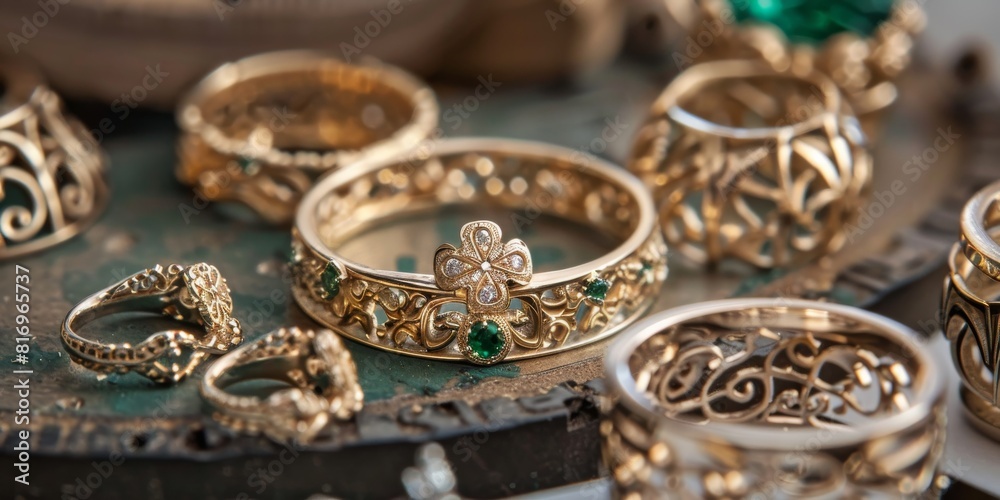Settings of fine jewelry pieces, focusing on details such as prongs, bezels, or filigree work Settings of fine jewelry pieces, focusing on details such as prongs, bezels, or filigree work