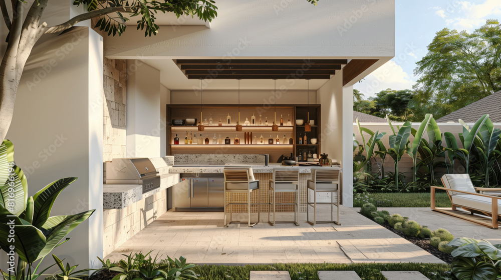 Modern outdoor kitchen and bar area with sleek design, complete with a ...