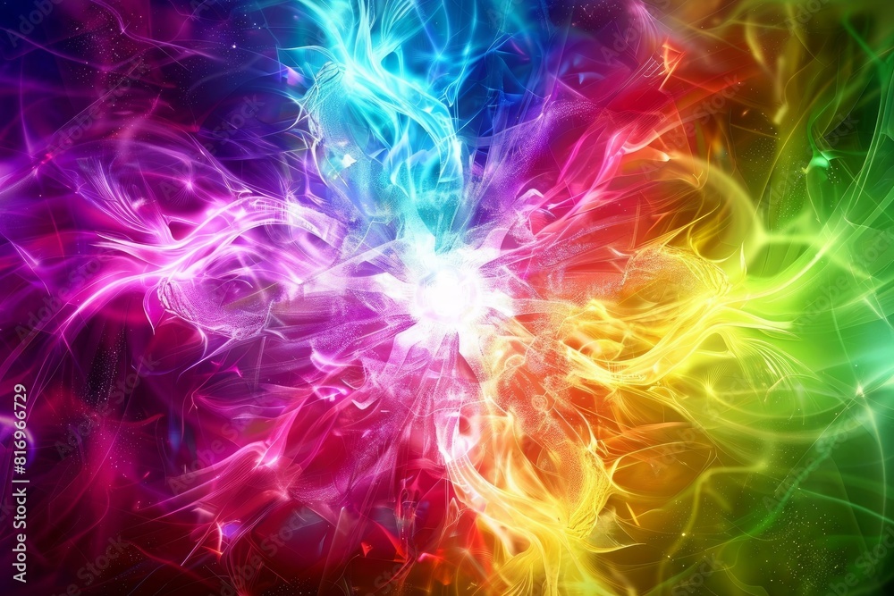 Fototapeta premium Colorful and dynamic abstract energy background with vibrant. Radiant swirls and patterns. A modern digital art design with a fantasy artistic vibe. Glowing neon light. And a spectrum of bright