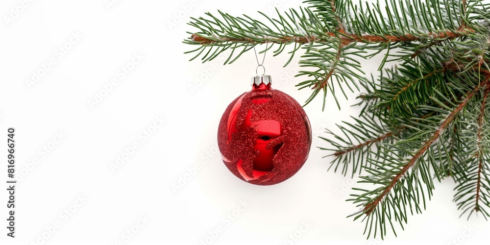 Single Red Christmas glass ball hanging from a pine branch, isolated on white with copy space. Single Red Christmas glass ball hanging from a pine branch, isolated on white with copy space.