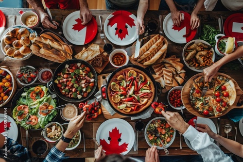 A group of people in Canada enjoying traditional Canadian cuisine from various cultures during a festive dinner table © Radmila Merkulova