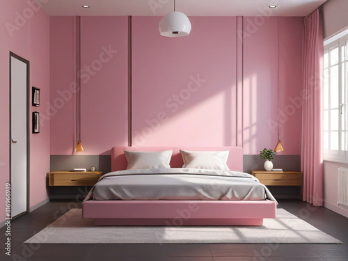 Realistic front view pink Bed room interior design  pink wall and gray bed  3d render  v-ray  hyper-realistic