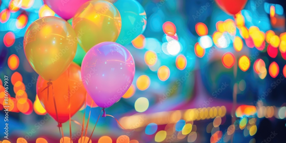 Vibrant Celebration: Colorful Birthday Balloons And Blurred Lights At Evening Festivity Vibrant Celebration: Colorful Birthday Balloons And Blurred Lights At Evening Festivity