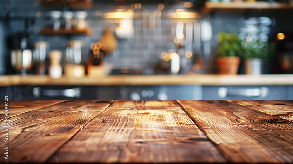 Rustic wooden tabletop with blurred modern kitchen background, featuring utensils, plants, and shelves, creating a cozy and inviting atmosphere. Rustic wooden tabletop with blurred modern kitchen background, featuring utensils, plants, and shelves, creating a cozy and inviting atmosphere.