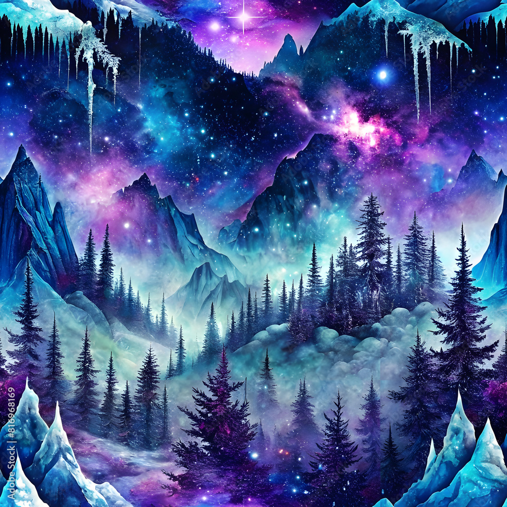 Fototapeta premium Enchanted Winter Night: Magical Hues and Shimmering Ice. Perfect for: Winter solstice celebrations, Nighttime winter wonderland events, Fantasy book covers, Mystical holiday greetings.