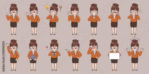 Set of hand drawn businesswoman character in job design difference gesture pose