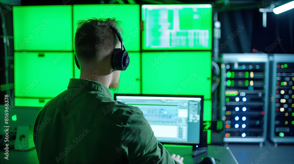 A tech operator wearing headphones works at a computer in a dimly lit control room, with multiple green screens and server racks in the background. A tech operator wearing headphones works at a computer in a dimly lit control room, with multiple green screens and server racks in the background.