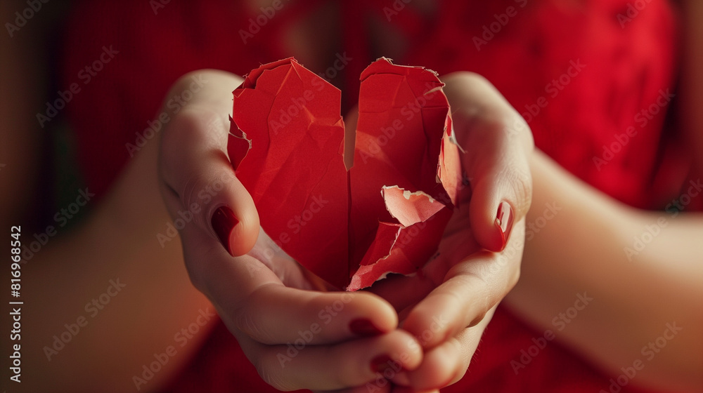 Woman Holding a Broken Paper Heart in Hands Symbolizing Heartbreak and Sadness Woman Holding a Broken Paper Heart in Hands Symbolizing Heartbreak and Sadness