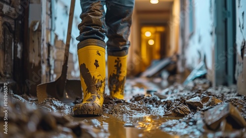 In a professional scene post-flood, a person in protective gear diligently cleans a muddy and debris-filled house, scrubbing the floor with heavy-duty tools to restore cleanliness and order
