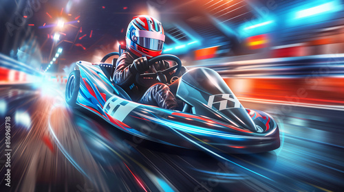 A go-kart racer in a red helmet and black racing suit speeds around a futuristic, neon-lit track, creating a dynamic and high-energy scene with motion blur effects.